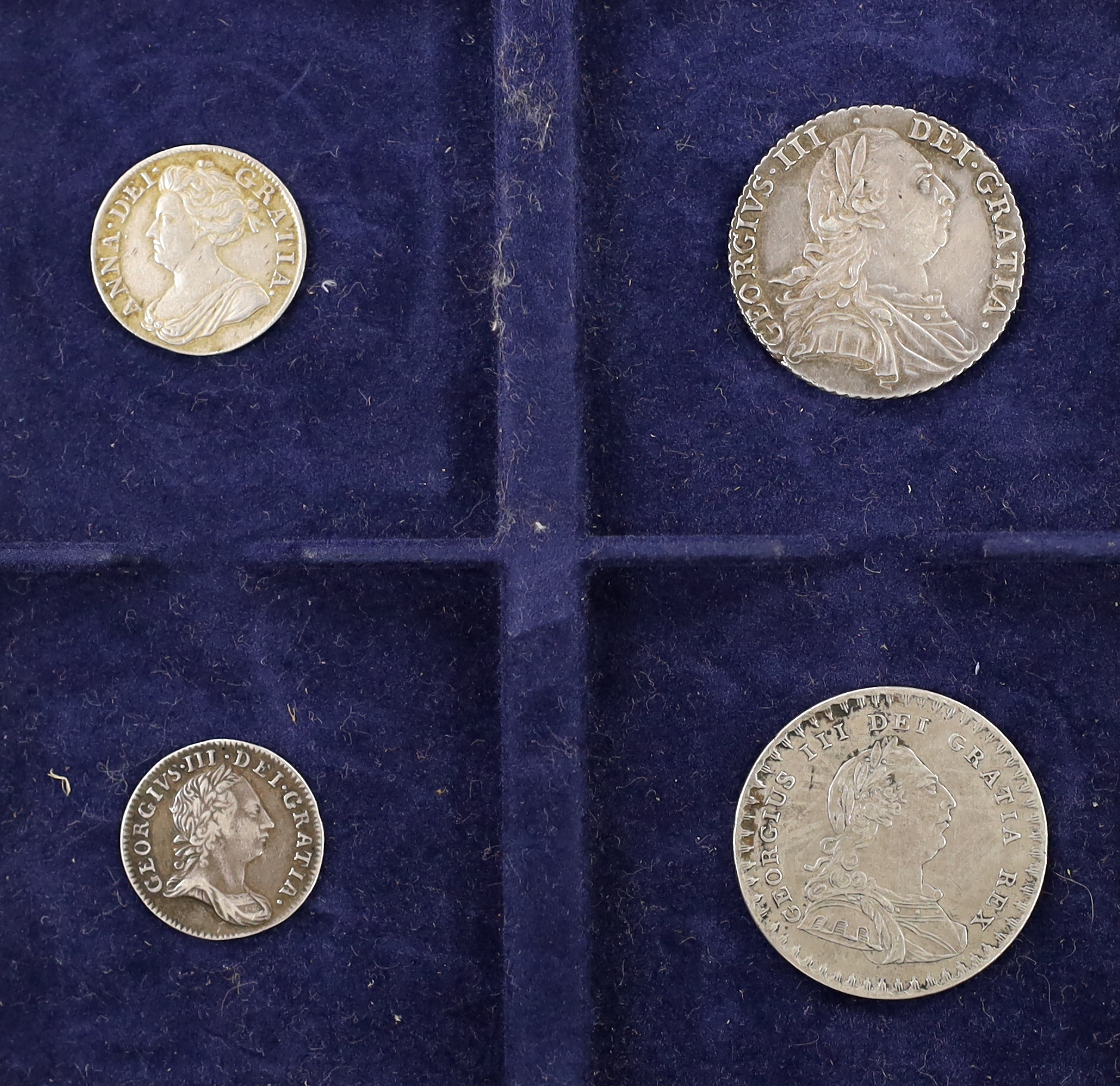 Anne to George III British silver coins, Anne maundy 4d (part of S3599), haymarking otherwise good VF, George III shilling 1787 (S3743), edge nick otherwise about EF, George III 3d 1762 (S3753), VF, and eighteen pence ba